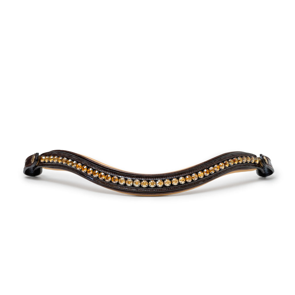 The Vienna Brown Patent Leather Snaffle Bridle with Bronze Golden Sparkle Piping