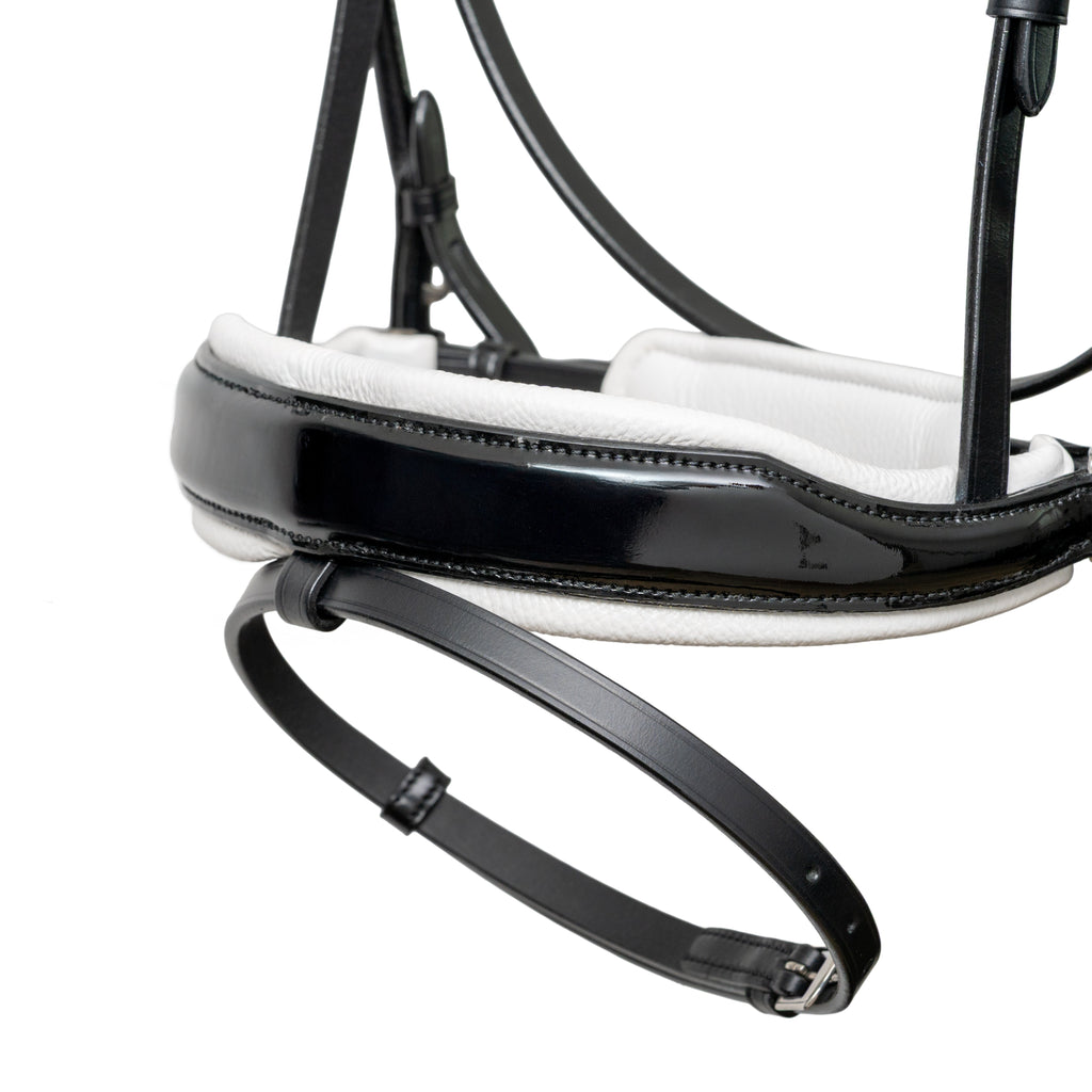 ❄️ Mont Blanc Black Patent Leather Snaffle Bridle With White Padding & Removable Flash