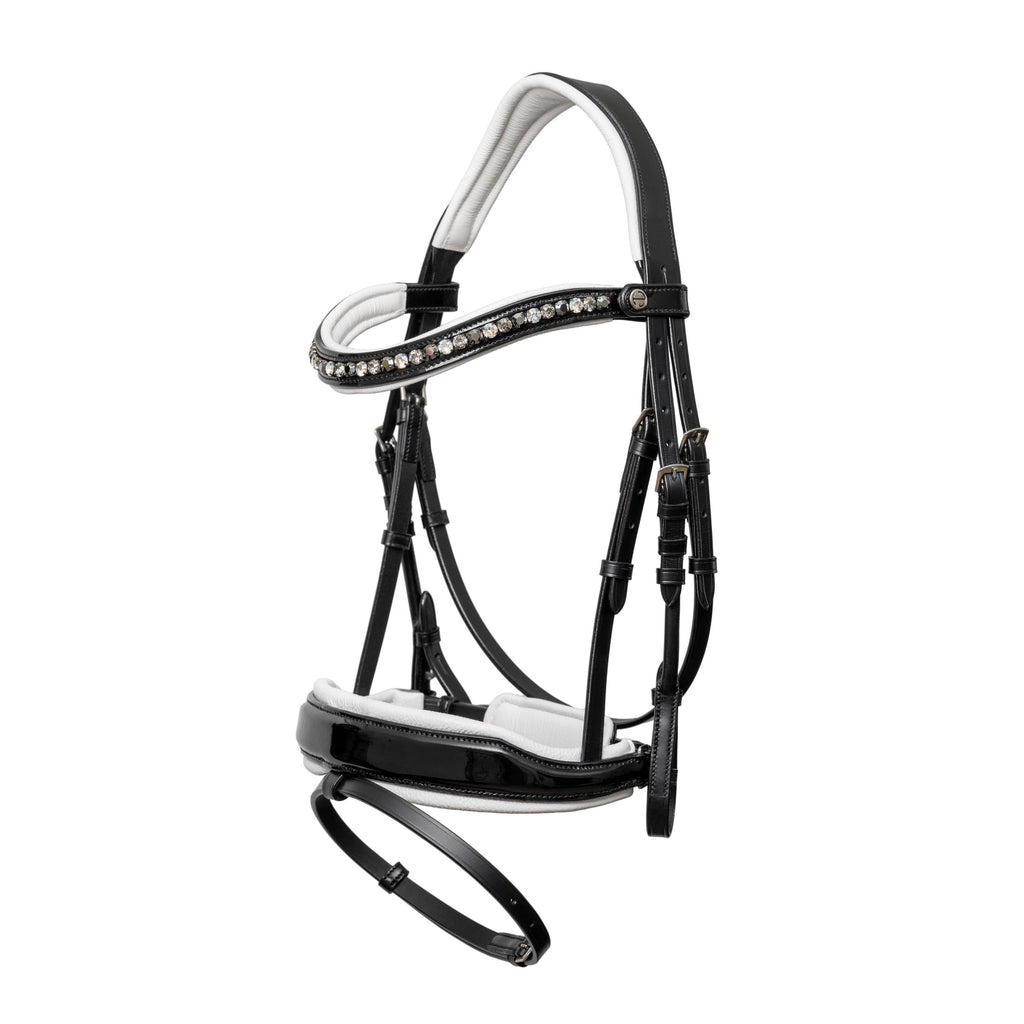 ❄️ Mont Blanc Black Patent Leather Snaffle Bridle With White Padding & Removable Flash