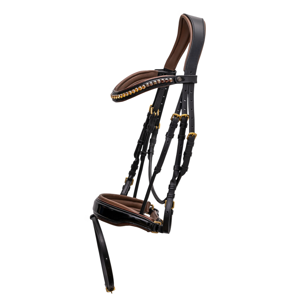 The Palermo Black Patent Leather Snaffle with Brown Padding